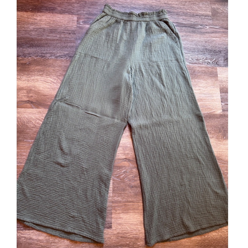 Aerie Women Olive Green Cotton Gauze Wide Leg Elastic Waist Pants Large